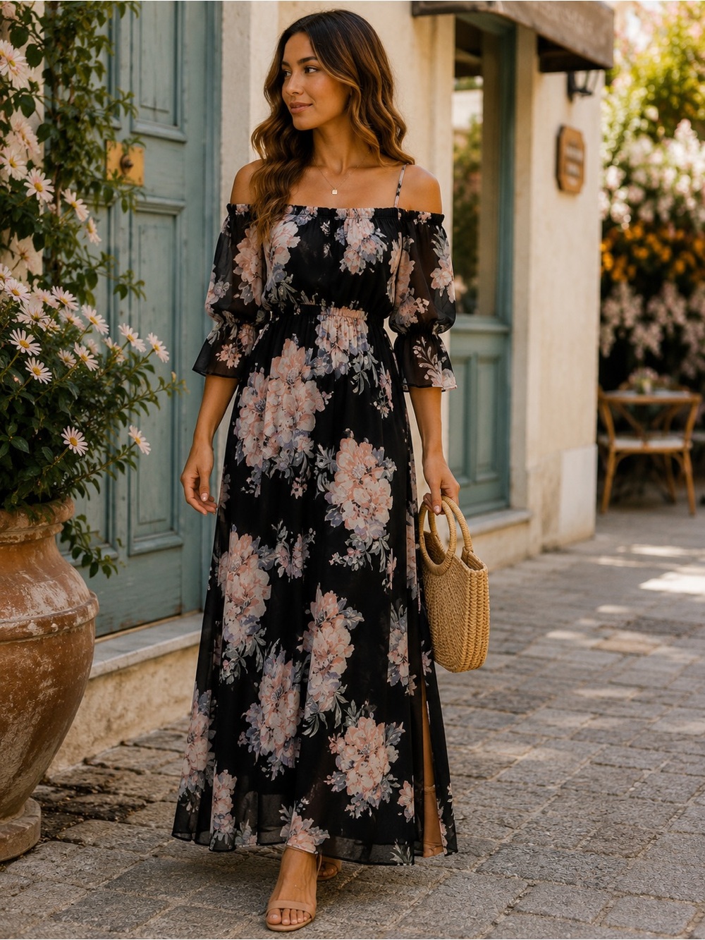 AS U WISH Black Floral Off Shoulder Maxi Dress Size Small Sheer Bell Sleeves